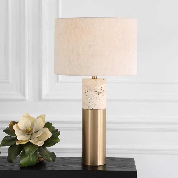 Uttermost Gravitas Ivory Stone and Brushed Brass Table Lamp With Beige Linen Shade