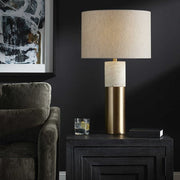 Uttermost Gravitas Ivory Stone and Brushed Brass Table Lamp With Beige Linen Shade