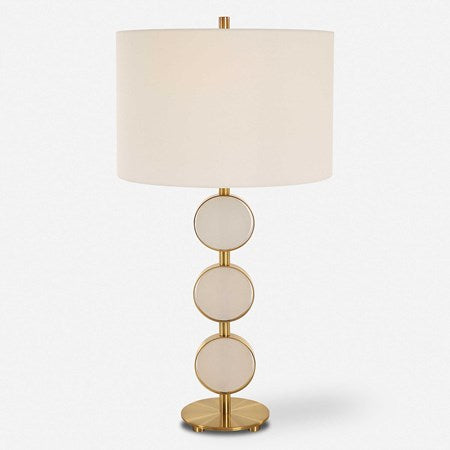 Uttermost Three Rings Alabaster Disk and Brushed Brass Table Lamp With White Linen Shade