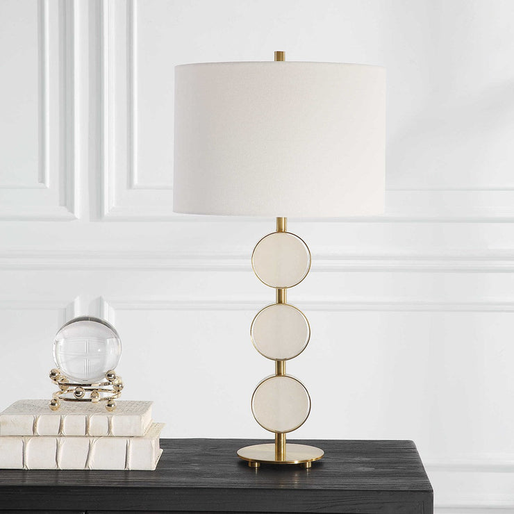 Uttermost Three Rings Alabaster Disk and Brushed Brass Table Lamp With White Linen Shade
