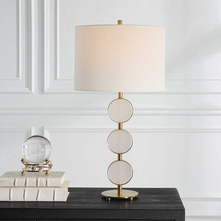 Uttermost Three Rings Alabaster Disk and Brushed Brass Table Lamp With White Linen Shade