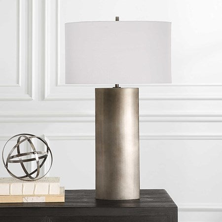 Uttermost V-Groove Dark Steel Gray Table Lamp With White Linen Shade