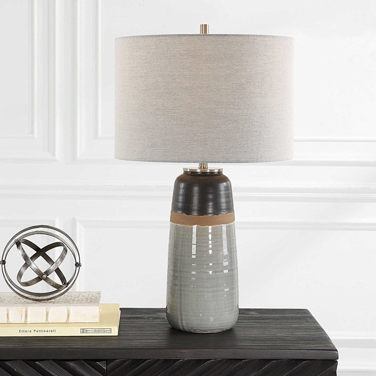 Uttermost Coen Gray and Aged Black Glazed Ceramic Table Lamp With Light Gray Linen Shade