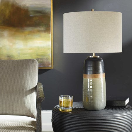 Uttermost Coen Gray and Aged Black Glazed Ceramic Table Lamp With Light Gray Linen Shade