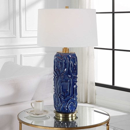 Uttermost Zade Blue Glazed Ceramic Table Lamp With White Linen Shade