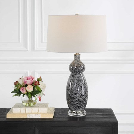 Uttermost Velino Gray and Black Mottled Glass Table Lamp With White Linen Shade