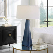 Uttermost Teramo Blue Ceramic Table Lamp With White Linen Shade