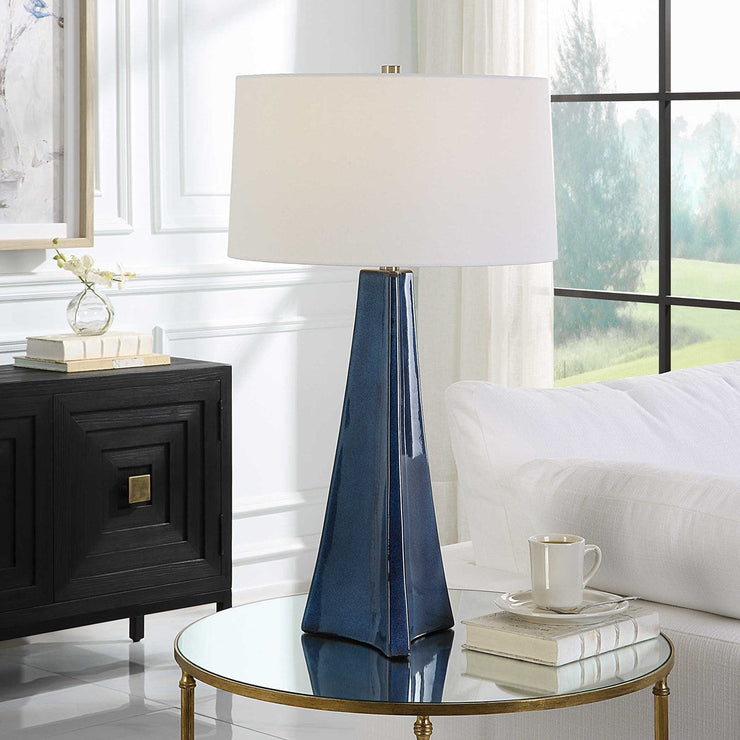 Uttermost Teramo Blue Ceramic Table Lamp With White Linen Shade