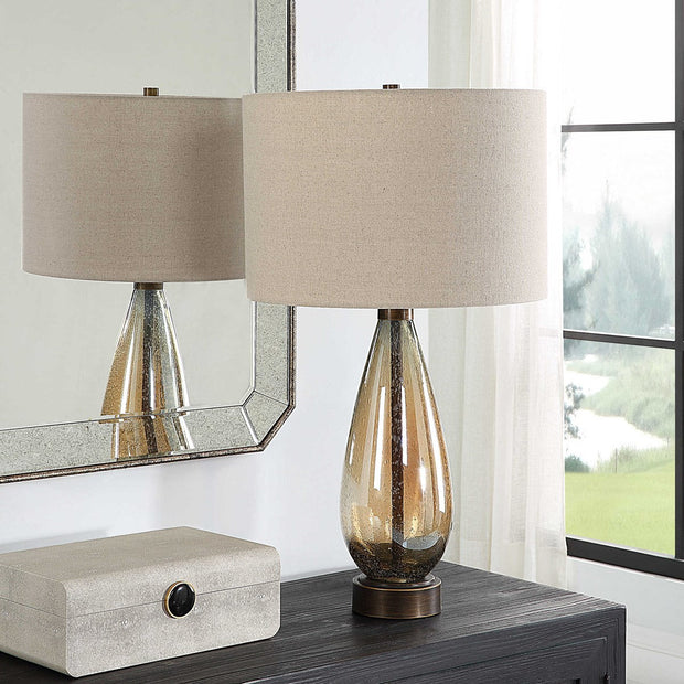 Uttermost Baltic Dark Amber Glass Table Lamp With Light Beige Linen Shade