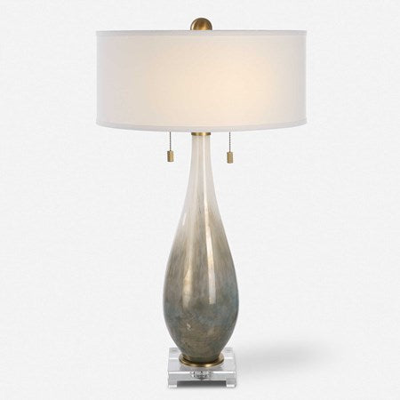 Uttermost Cardoni Gloss White and Smoked Bronze Glass Table Lamp With Linen Shade