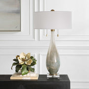 Uttermost Cardoni Gloss White and Smoked Bronze Glass Table Lamp With Linen Shade