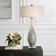 Uttermost Cardoni Gloss White and Smoked Bronze Glass Table Lamp With Linen Shade
