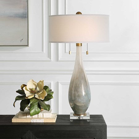 Uttermost Cardoni Gloss White and Smoked Bronze Glass Table Lamp With Linen Shade