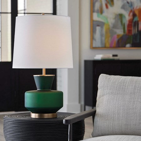 Uttermost Trentino Emerald Green Glass Table Lamp With White Linen Shade