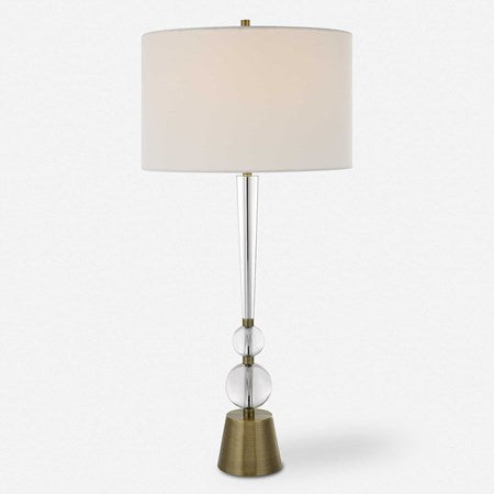 Uttermost Annily Crystal Column and Antiqued Brass Table Lamp With White Linen Round Drum Shade