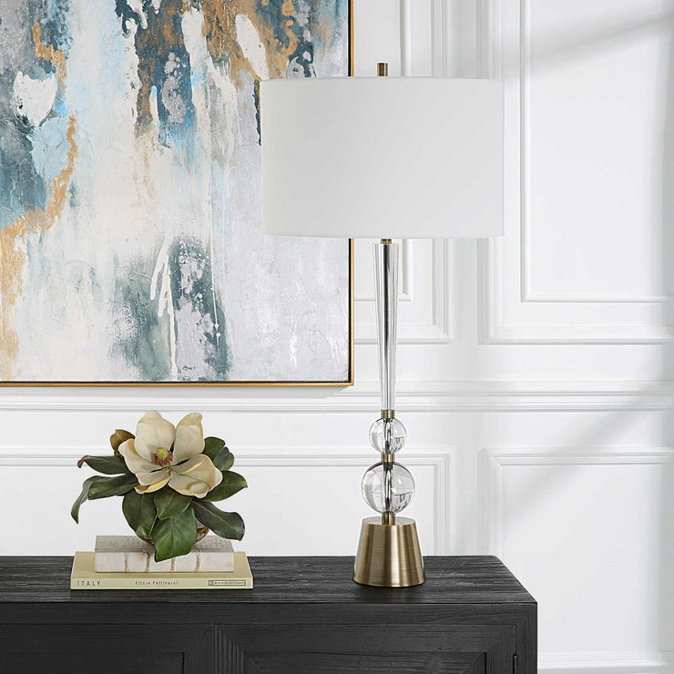 Uttermost Annily Crystal Column and Antiqued Brass Table Lamp With White Linen Round Drum Shade