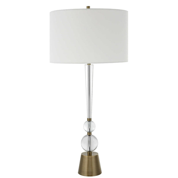 Uttermost Annily Crystal Column and Antiqued Brass Table Lamp With White Linen Round Drum Shade