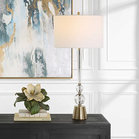 Uttermost Annily Crystal Column and Antiqued Brass Table Lamp With White Linen Round Drum Shade