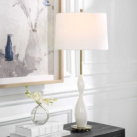 Uttermost Annora Glossy White and Antiqued Brass Table Lamp With Linen Shade