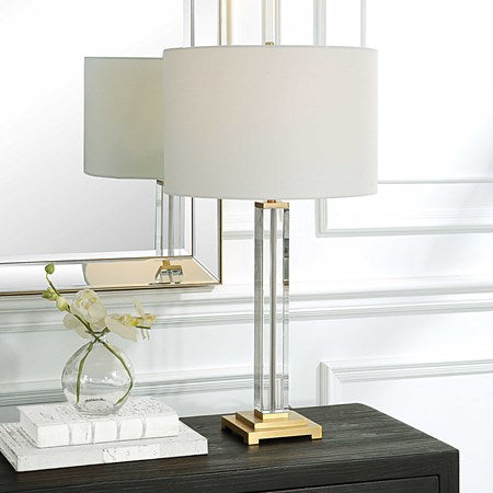 Uttermost Crystal Column Table Lamp With White Linen Shade
