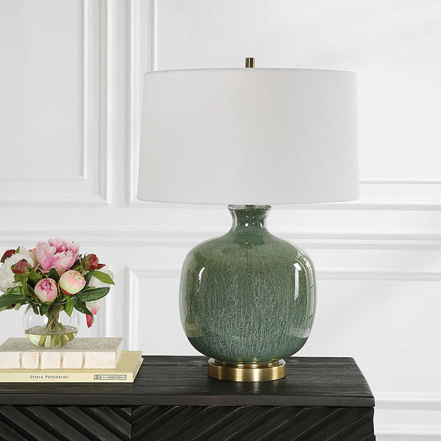 Uttermost Nataly Aged Green Glazed Ceramic Table Lamp With White Linen Shade