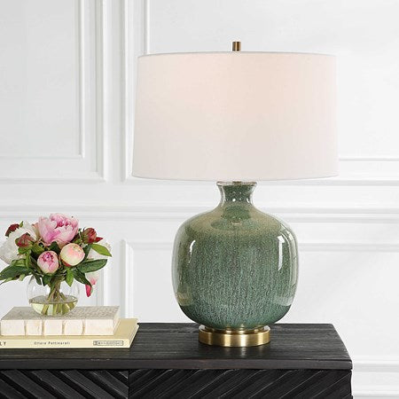 Uttermost Nataly Aged Green Glazed Ceramic Table Lamp With White Linen Shade