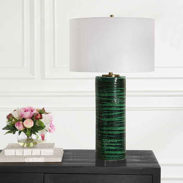 Uttermost Galeno Emerald Green Glazed Ceramic Table Lamp With White Linen Shade