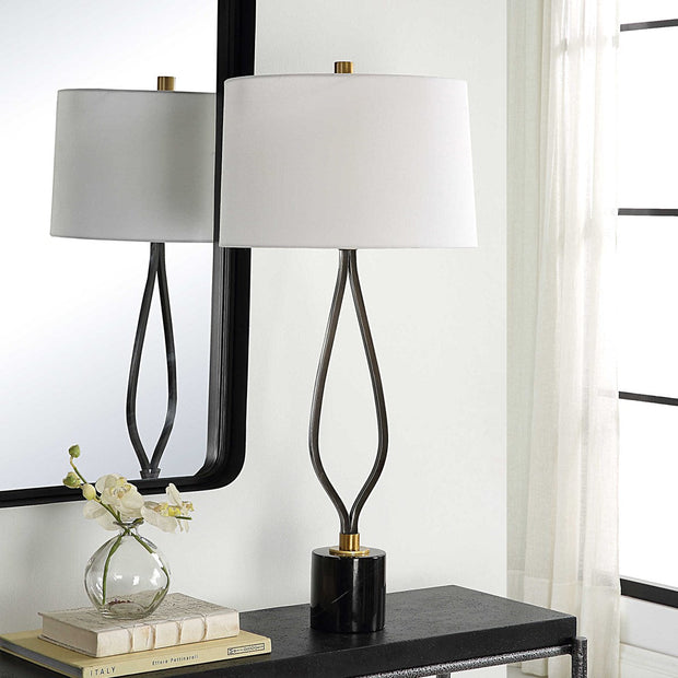 Uttermost Separate Paths Black and Marble Table Lamp With White Linen Shade