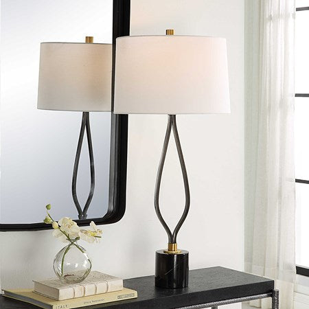 Uttermost Separate Paths Black and Marble Table Lamp With White Linen Shade