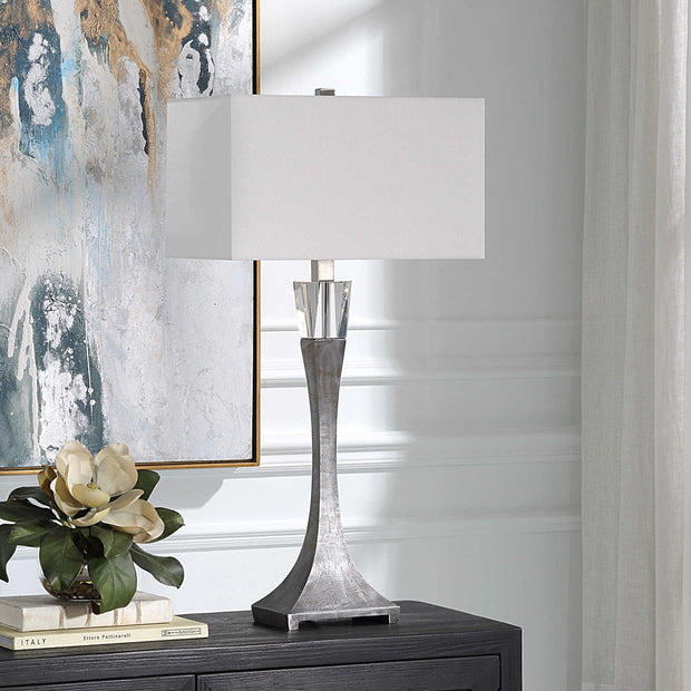 Uttermost Edison Aged Black Iron and Crystal Table Lamp With White Linen Shade