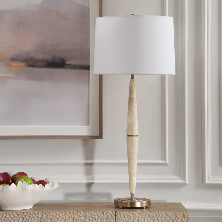 Uttermost Palu Beige Travertine Table Lamp With White Linen Shade