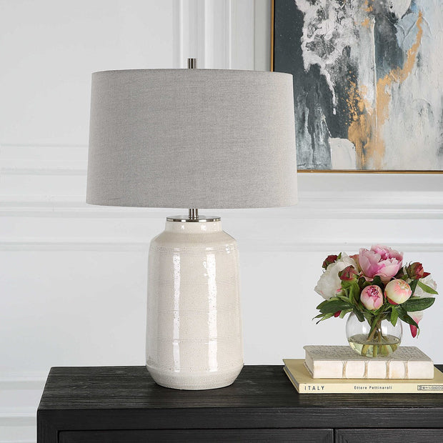 Uttermost Odawa Off-White Crackled Glazed Ceramic Table Lamp With Light Gray Linen Shade