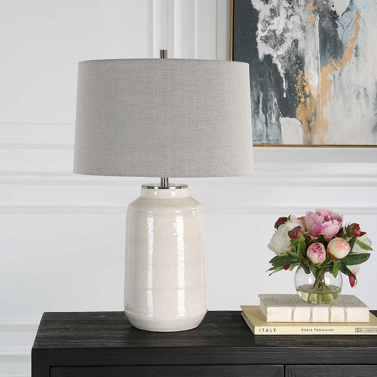 Uttermost Odawa Off-White Crackled Glazed Ceramic Table Lamp With Light Gray Linen Shade