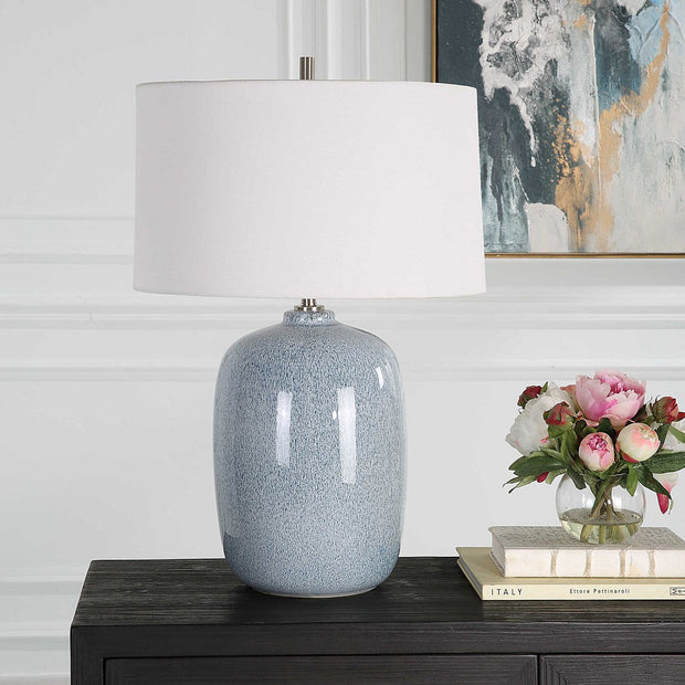 Uttermost Jubilee Sky Blue Glazed Ceramic Table Lamp With White Linen Shade