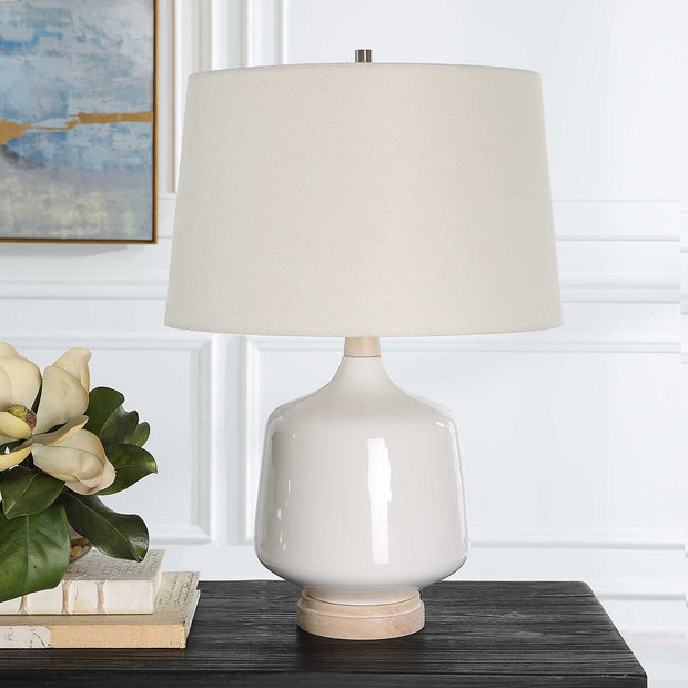 Uttermost Opal White Gloss Glazed Ceramic Table Lamp With Off-White Linen Shade