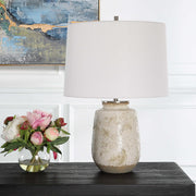 Uttermost Medan Taupe and Dove Gray Glazed Ceramic Table Lamp With White Linen Shade