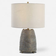 Uttermost Gorda Textured Bronze and Green Patina CeramicTable Lamp With Beige Linen Shade