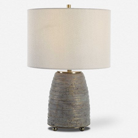 Uttermost Gorda Textured Bronze and Green Patina CeramicTable Lamp With Beige Linen Shade