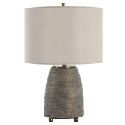 Uttermost Gorda Textured Bronze and Green Patina CeramicTable Lamp With Beige Linen Shade