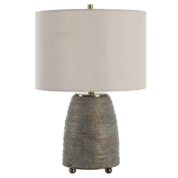 Uttermost Gorda Textured Bronze and Green Patina CeramicTable Lamp With Beige Linen Shade