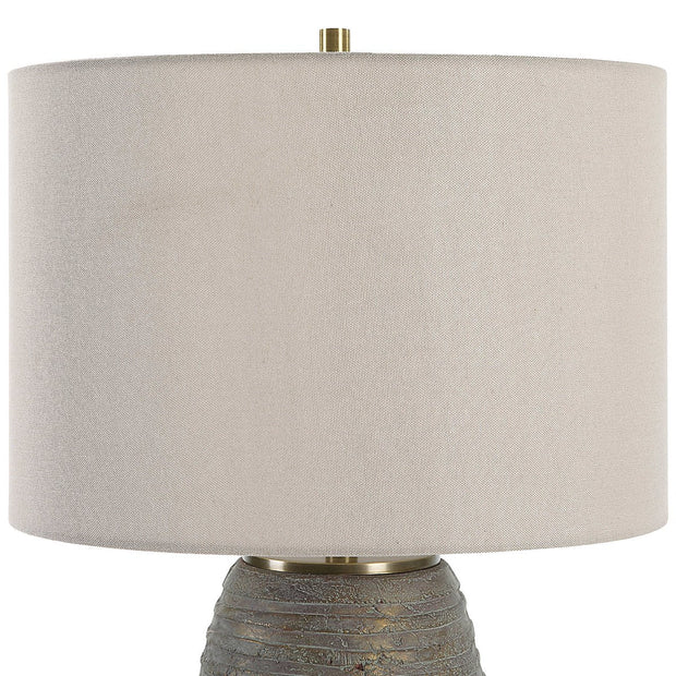 Uttermost Gorda Textured Bronze and Green Patina CeramicTable Lamp With Beige Linen Shade