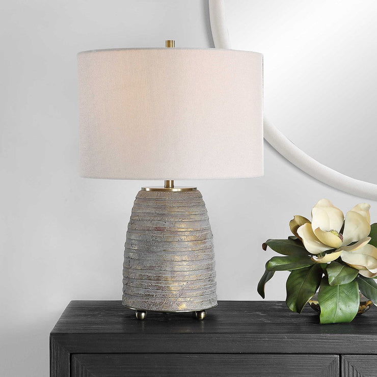 Uttermost Gorda Textured Bronze and Green Patina CeramicTable Lamp With Beige Linen Shade