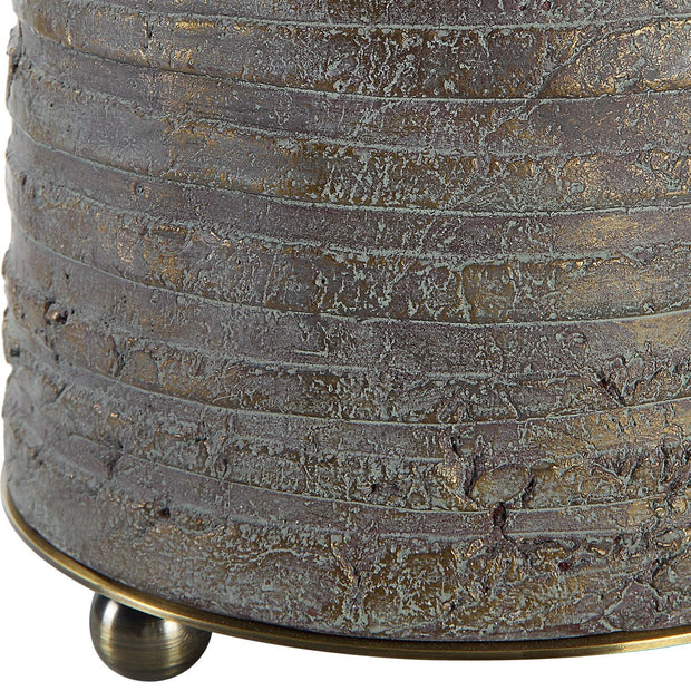 Uttermost Gorda Textured Bronze and Green Patina CeramicTable Lamp With Beige Linen Shade