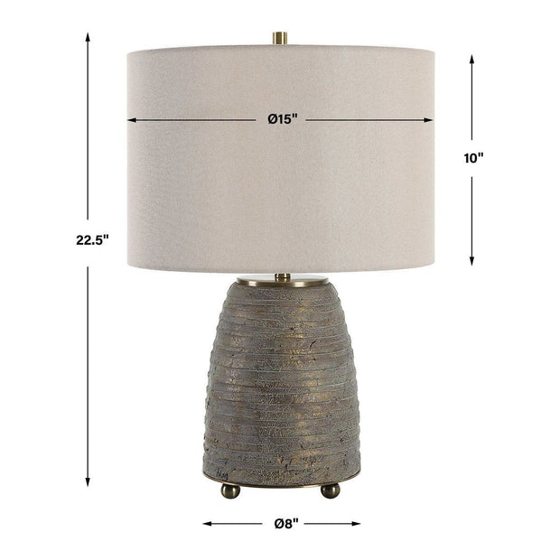 Uttermost Gorda Textured Bronze and Green Patina CeramicTable Lamp With Beige Linen Shade