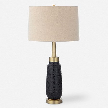 Uttermost Spyglass Matte Black Glass Table Lamp With Light Beige Linen Shade
