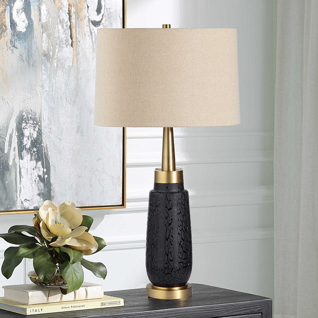Uttermost Spyglass Matte Black Glass Table Lamp With Light Beige Linen Shade