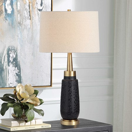 Uttermost Spyglass Matte Black Glass Table Lamp With Light Beige Linen Shade
