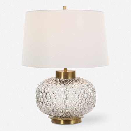 Uttermost Estelle Embossed Smoke Gray Glass Table Lamp With White Linen Shade