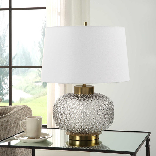 Uttermost Estelle Embossed Smoke Gray Glass Table Lamp With White Linen Shade
