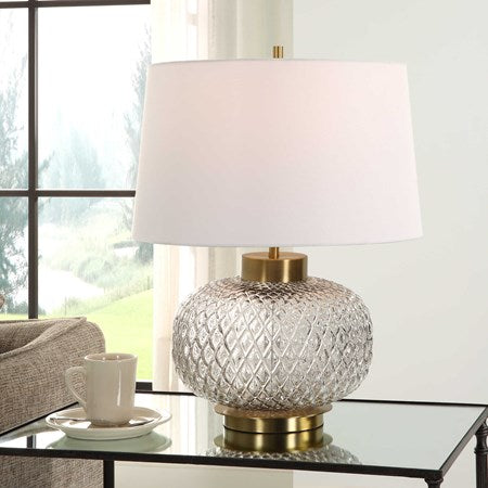 Uttermost Estelle Embossed Smoke Gray Glass Table Lamp With White Linen Shade